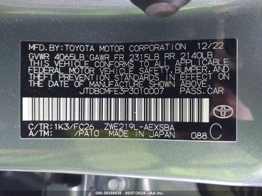 VIN JTDBCMFE3P3010007 2023 TOYOTA COROLLA LE/SE/XLE