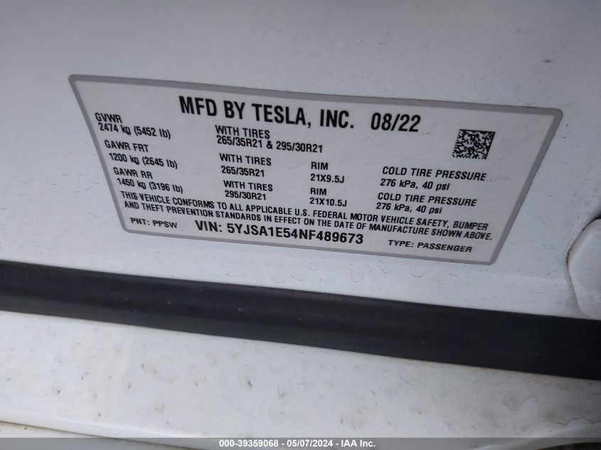 2022 Tesla Model S Dual Motor All-Wheel Drive VIN: 5YJSA1E54NF489673 Lot: 39359068