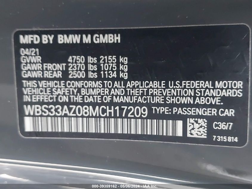 2021 BMW M4 Competition VIN: WBS33AZ08MCH17209 Lot: 39359162