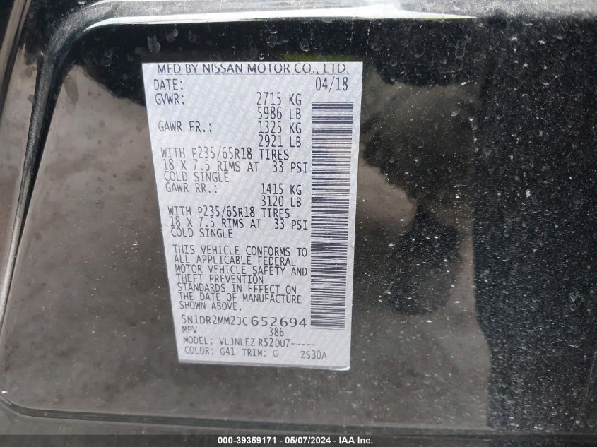 5N1DR2MM2JC652694 2018 Nissan Pathfinder Sv