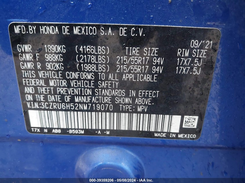 2022 HONDA HR-V AWD EX - 3CZRU6H52NM719070