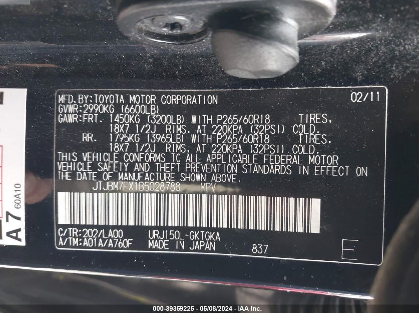 2011 Lexus 460 VIN: JTJBM7FX1B5028788 Lot: 39359225