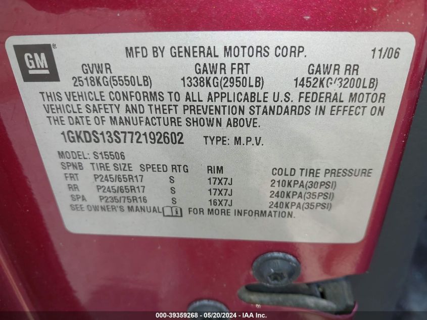 2007 GMC Envoy Sle VIN: 1GKDS13S772192602 Lot: 39359268