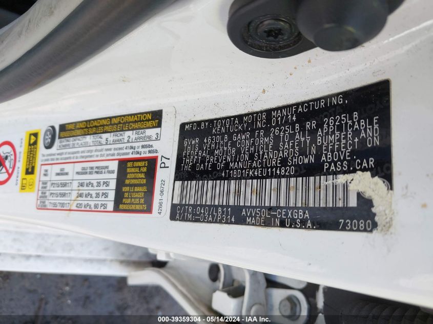 2014 Toyota Camry Hybrid Xle VIN: 4T1BD1FK4EU114820 Lot: 39359304