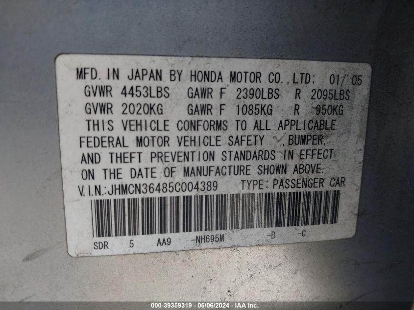 2005 Honda Accord Hybrid Ima VIN: JHMCN36485C004389 Lot: 39359319