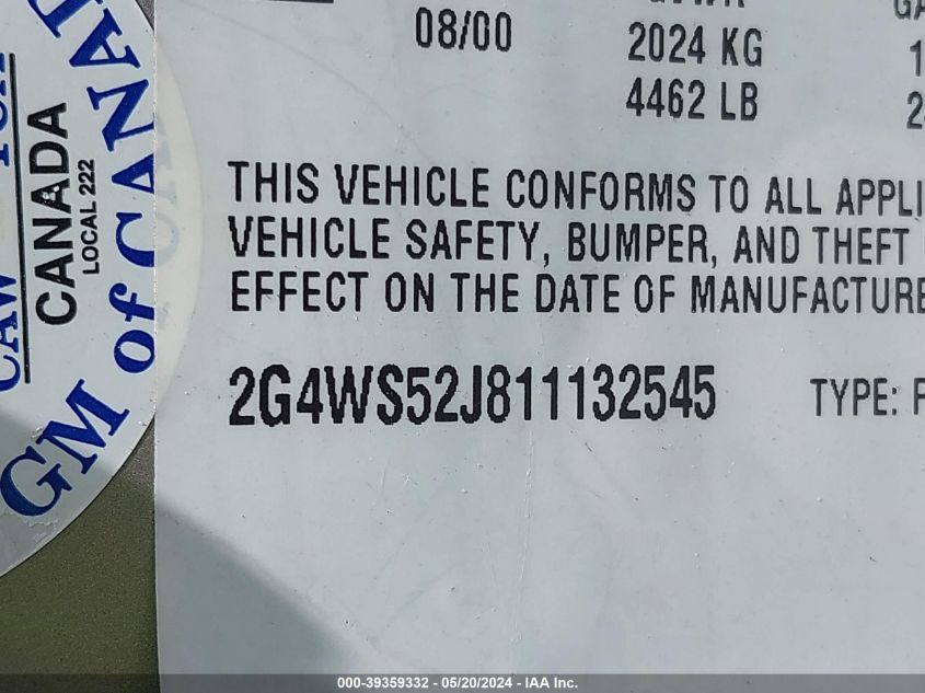 2001 Buick Century Custom VIN: 2G4WS52J811132545 Lot: 39359332