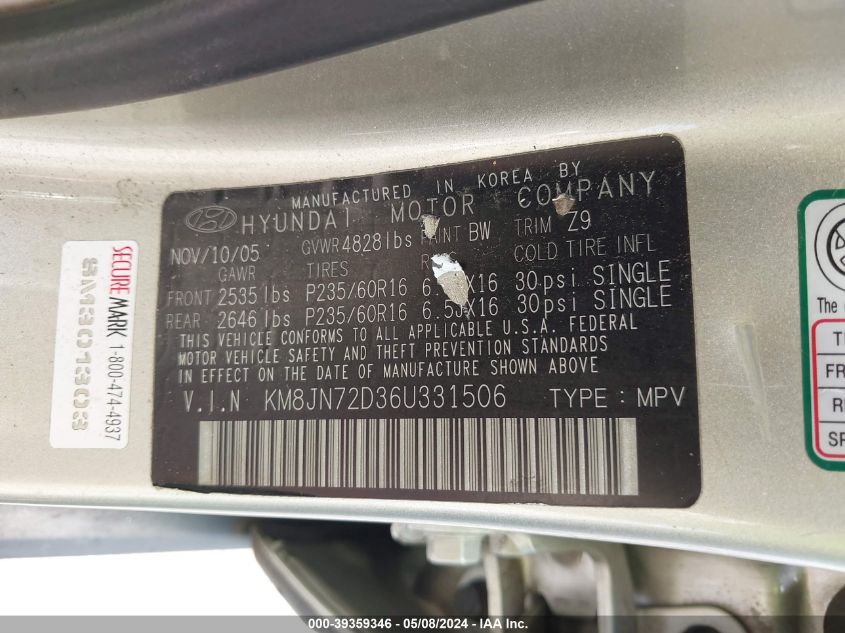 2006 Hyundai Tucson Gls/Limited VIN: KM8JN72D36U331506 Lot: 39359346