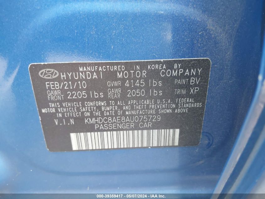 2010 Hyundai Elantra Touring Se VIN: KMHDC8AE8AU075729 Lot: 39359417