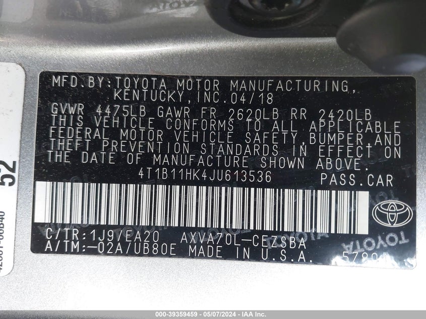 2018 TOYOTA CAMRY L/LE/XLE/SE/XSE - 4T1B11HK4JU613536