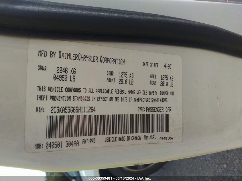 2006 Chrysler 300 Touring VIN: 2C3KA53G66H111284 Lot: 39359481