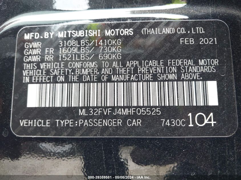 2021 Mitsubishi Mirage G4 Se VIN: ML32FVFJ4MHF05525 Lot: 39359581