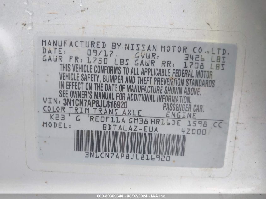 2018 NISSAN VERSA 1.6 S+ - 3N1CN7AP8JL816920