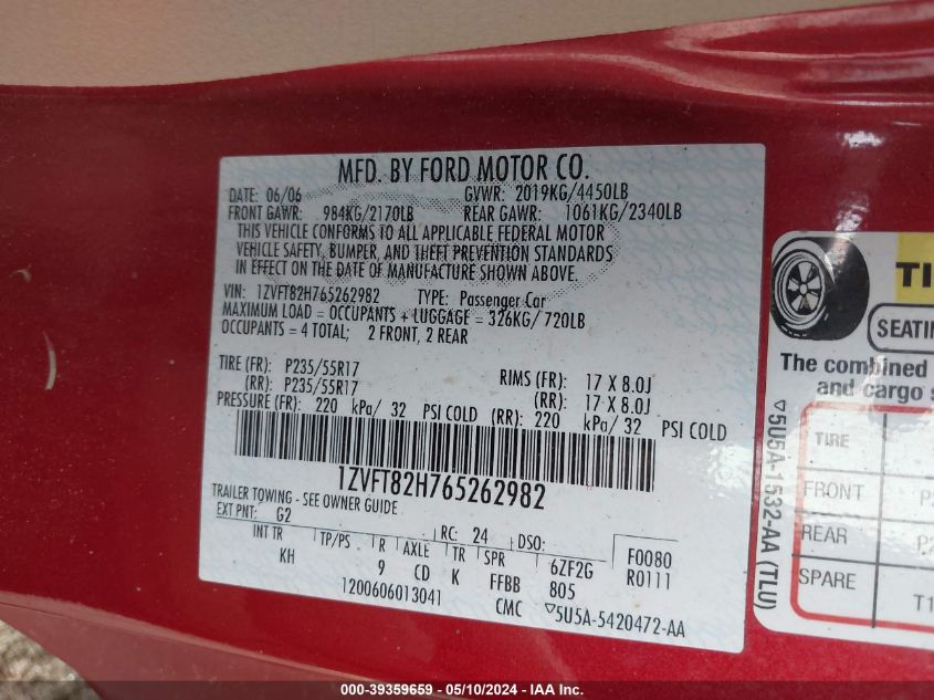 2006 Ford Mustang Gt VIN: 1ZVFT82H765262982 Lot: 39359659