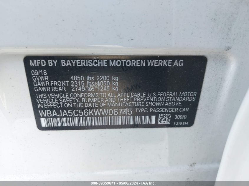 2019 BMW 530I VIN: WBAJA5C56KWW06745 Lot: 39359671