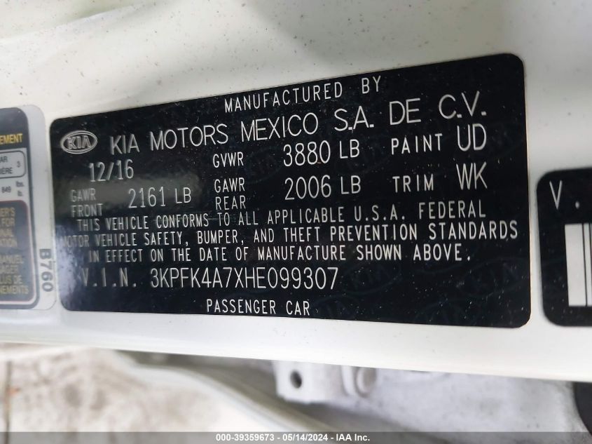 2017 Kia Forte Lx VIN: 3KPFK4A7XHE099307 Lot: 39359673