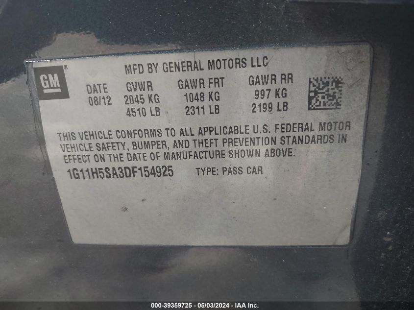 1G11H5SA3DF154925 | 2013 CHEVROLET MALIBU