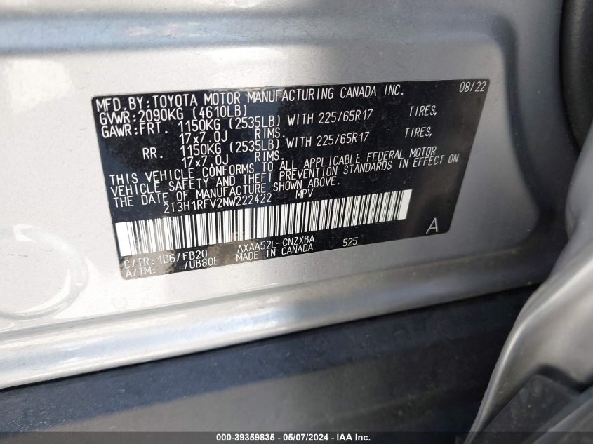 2022 TOYOTA RAV4 LE - 2T3H1RFV2NW222422