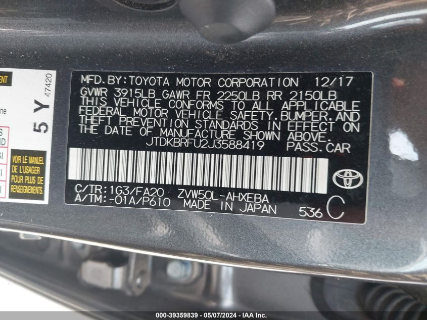 2018 Toyota Prius Two VIN: JTDKBRFU2J3588419 Lot: 39359839