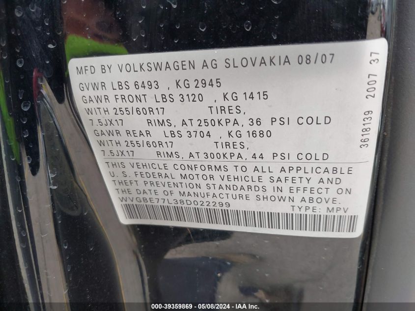 2008 Volkswagen Touareg 2 Vr6 Fsi VIN: WVGBE77L38D022299 Lot: 39359869