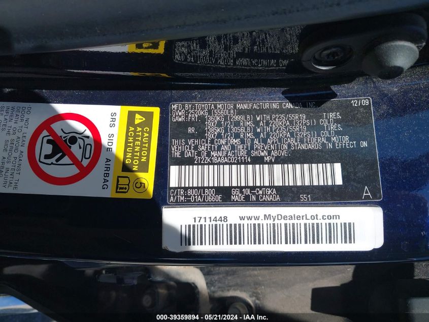 2010 Lexus Rx 350 VIN: 2T2ZK1BA8AC021114 Lot: 39359894