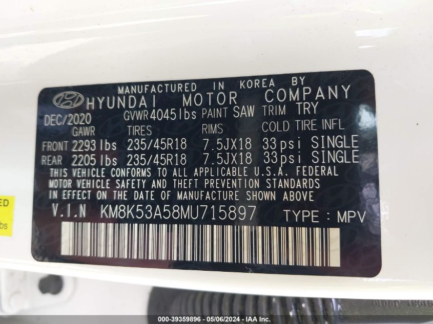 2021 Hyundai Kona Ultimate VIN: KM8K53A58MU715897 Lot: 39359896