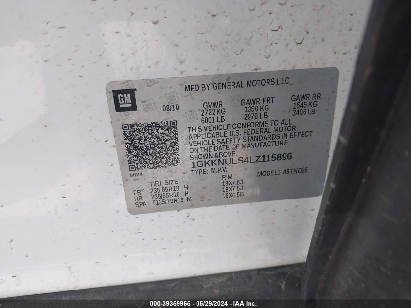 2020 GMC Acadia Awd Slt VIN: 1GKKNULS4LZ115896 Lot: 39359965