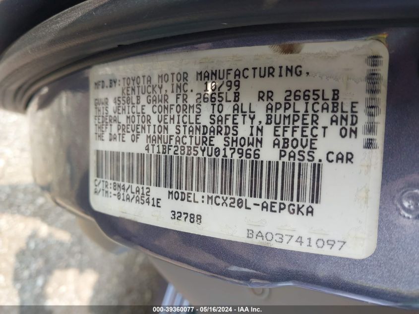 2000 Toyota Avalon Xls VIN: 4T1BF28B5YU017966 Lot: 39360077