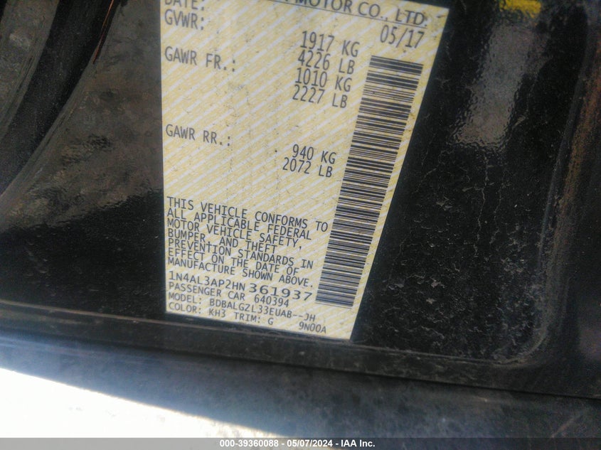 VIN 1N4AL3AP2HN361937 2017 NISSAN ALTIMA 2.5 S