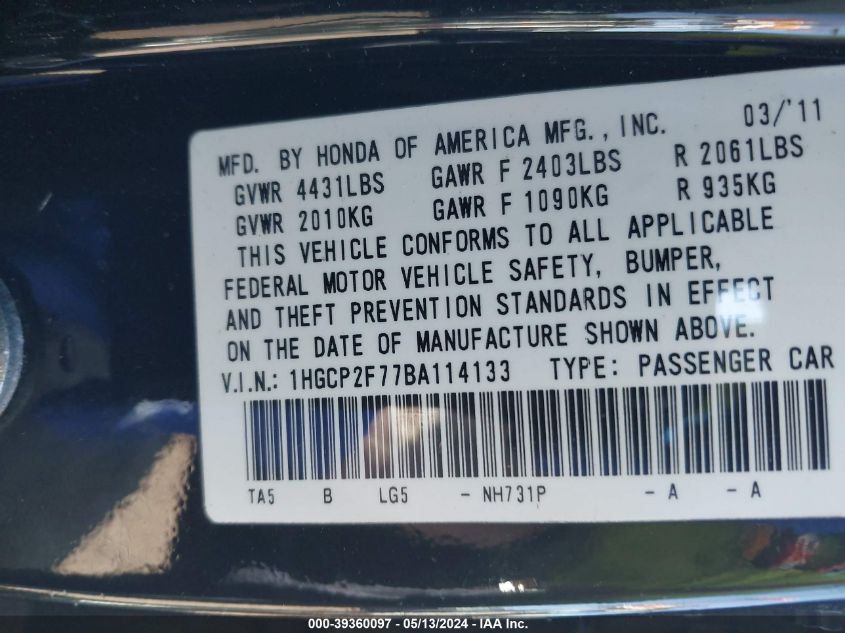 2011 Honda Accord 2.4 Ex VIN: 1HGCP2F77BA114133 Lot: 39360097