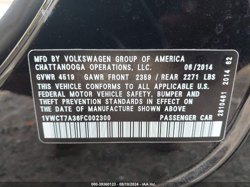 2015 VOLKSWAGEN PASSAT SEL - 1VWCT7A36FC002300