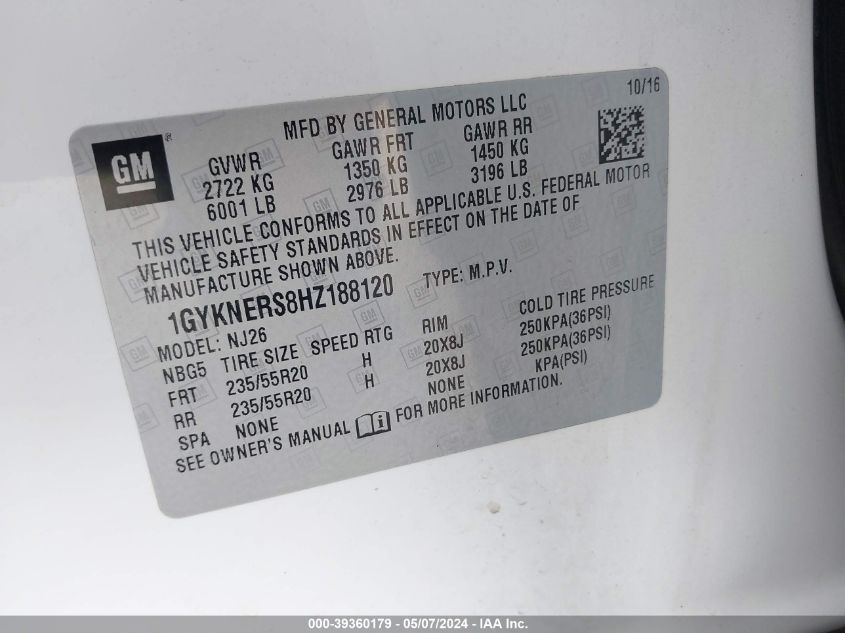 2017 CADILLAC XT5 PREMIUM LUXURY - 1GYKNERS8HZ188120