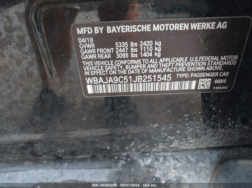 2018 BMW 530E IPERFORMANCE - WBAJA9C51JB251545