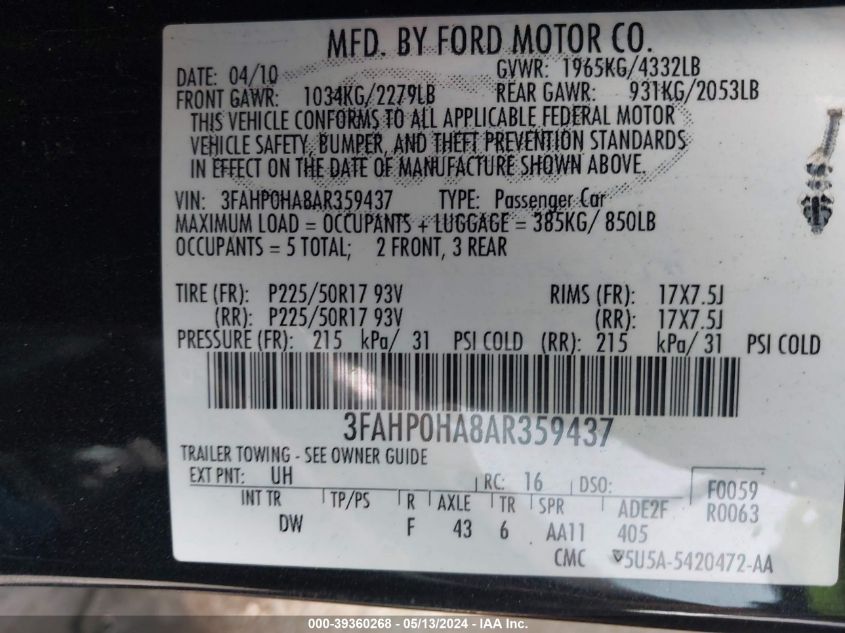 2010 Ford Fusion Se VIN: 3FAHP0HA8AR359437 Lot: 39360268