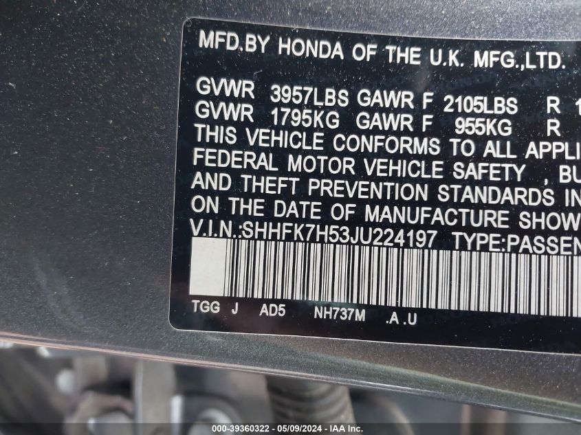 2018 Honda Civic Ex VIN: SHHFK7H53JU224197 Lot: 39360322