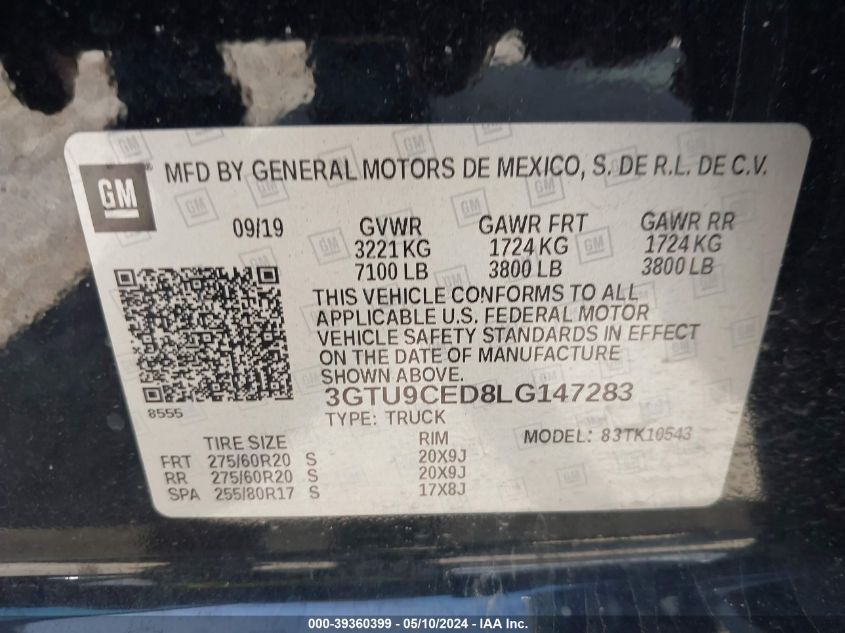 2020 GMC Sierra 1500 4Wd Short Box Elevation VIN: 3GTU9CED8LG147283 Lot: 39360399