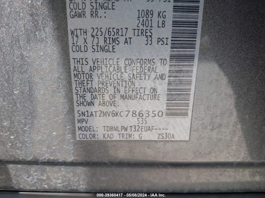 2019 Nissan Rogue S VIN: 5N1AT2MV6KC786350 Lot: 39360417