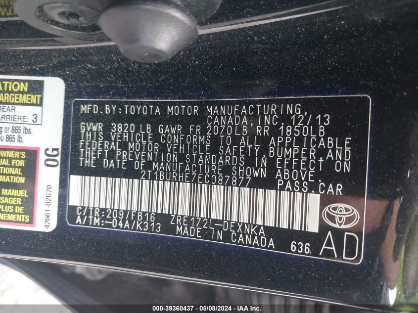 2014 Toyota Corolla Le VIN: 2T1BURHE7EC087877 Lot: 39360437