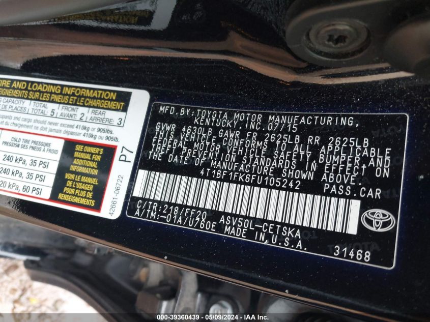 2015 Toyota Camry Se VIN: 4T1BF1FK6FU105242 Lot: 39360439