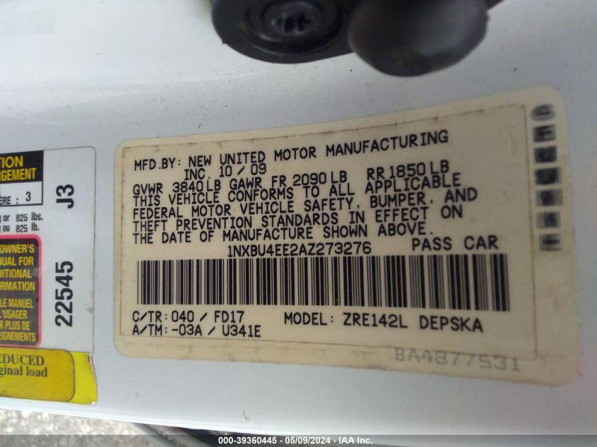 2010 Toyota Corolla S VIN: 1NXBU4EE2AZ273276 Lot: 39360445