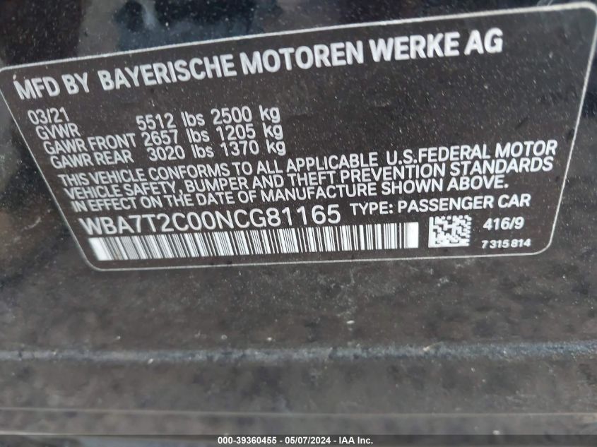 2022 BMW 740I VIN: WBA7T2C00NCG81165 Lot: 39360455