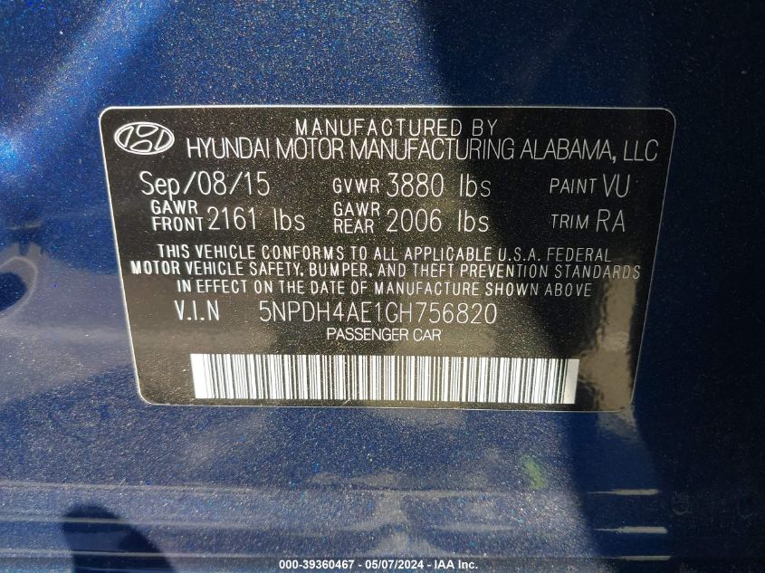 2016 Hyundai Elantra Se VIN: 5NPDH4AE1GH756820 Lot: 39360467