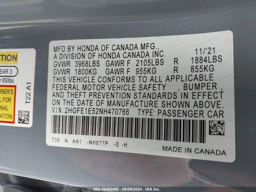 2022 HONDA CIVIC SI SEDAN - 2HGFE1E52NH470766