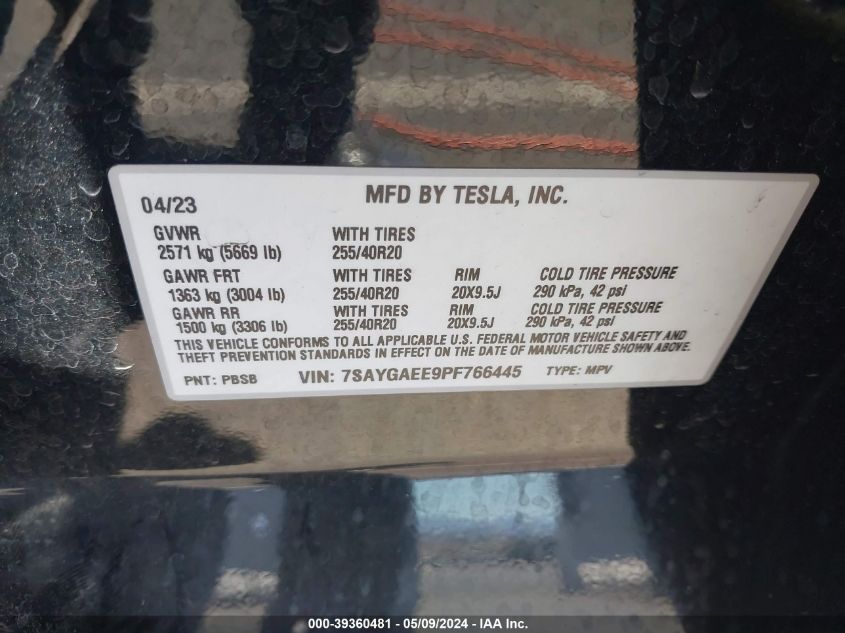 2023 Tesla Model Y Awd/Long Range Dual Motor All-Wheel Drive VIN: 7SAYGAEE9PF766445 Lot: 39360481