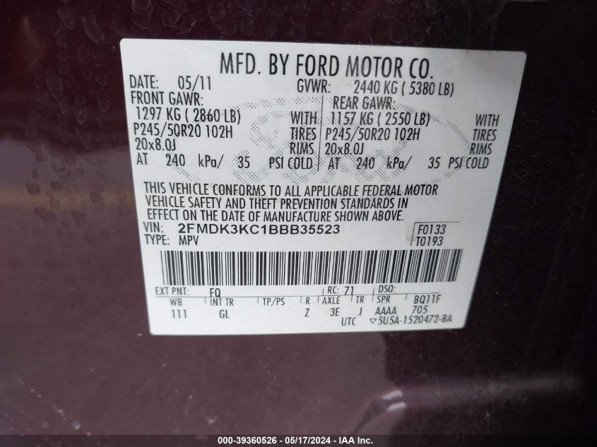 2011 Ford Edge Limited VIN: 2FMDK3KC1BBB35523 Lot: 39360526