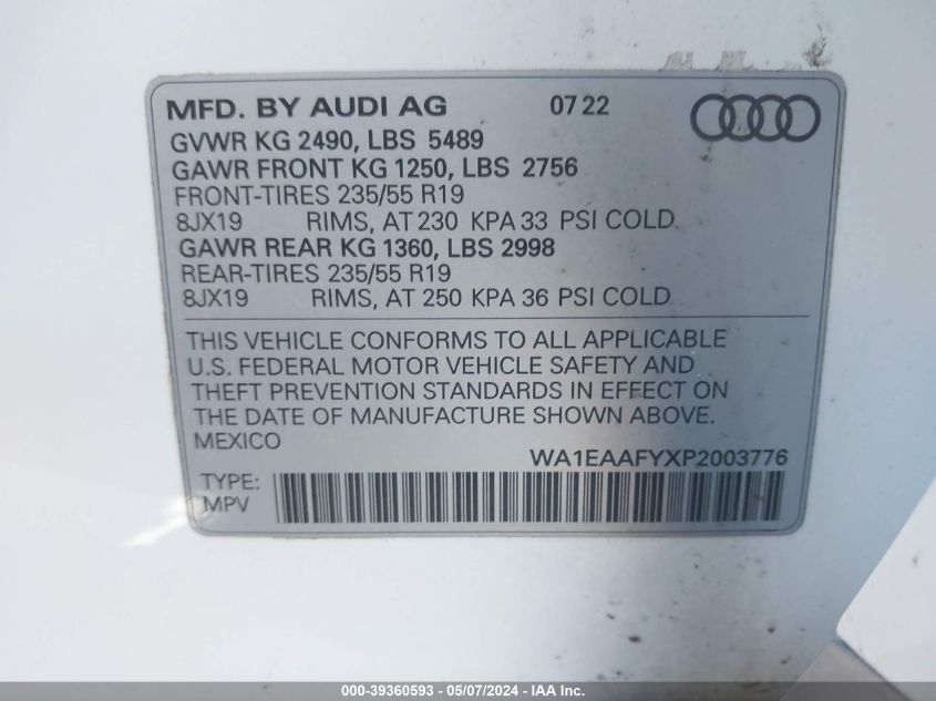 2023 Audi Q5 Premium Plus 45 Tfsi S Line Quattro VIN: WA1EAAFYXP2003776 Lot: 39360593