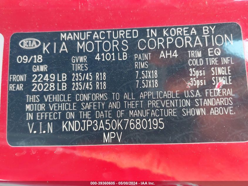 2019 Kia Soul + VIN: KNDJP3A50K7680195 Lot: 39360605