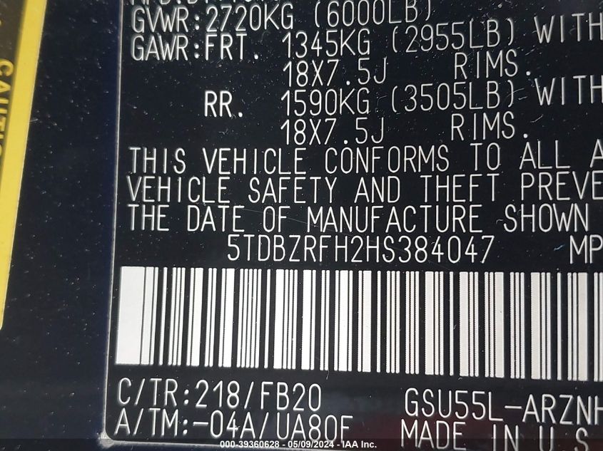 2017 Toyota Highlander Le VIN: 5TDBZRFH2HS38404 Lot: 39360628