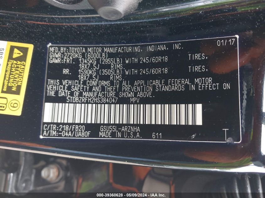 2017 Toyota Highlander Le VIN: 5TDBZRFH2HS38404 Lot: 39360628