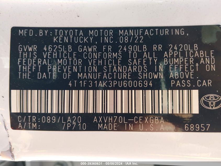 2023 Toyota Camry Xle Hybrid VIN: 4T1F31AK3PU600694 Lot: 39360631