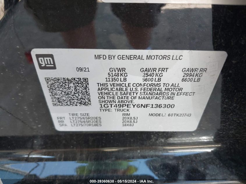 2022 GMC Sierra 2500Hd 4Wd Standard Bed At4 VIN: 1GT49PEY6NF136300 Lot: 39360638